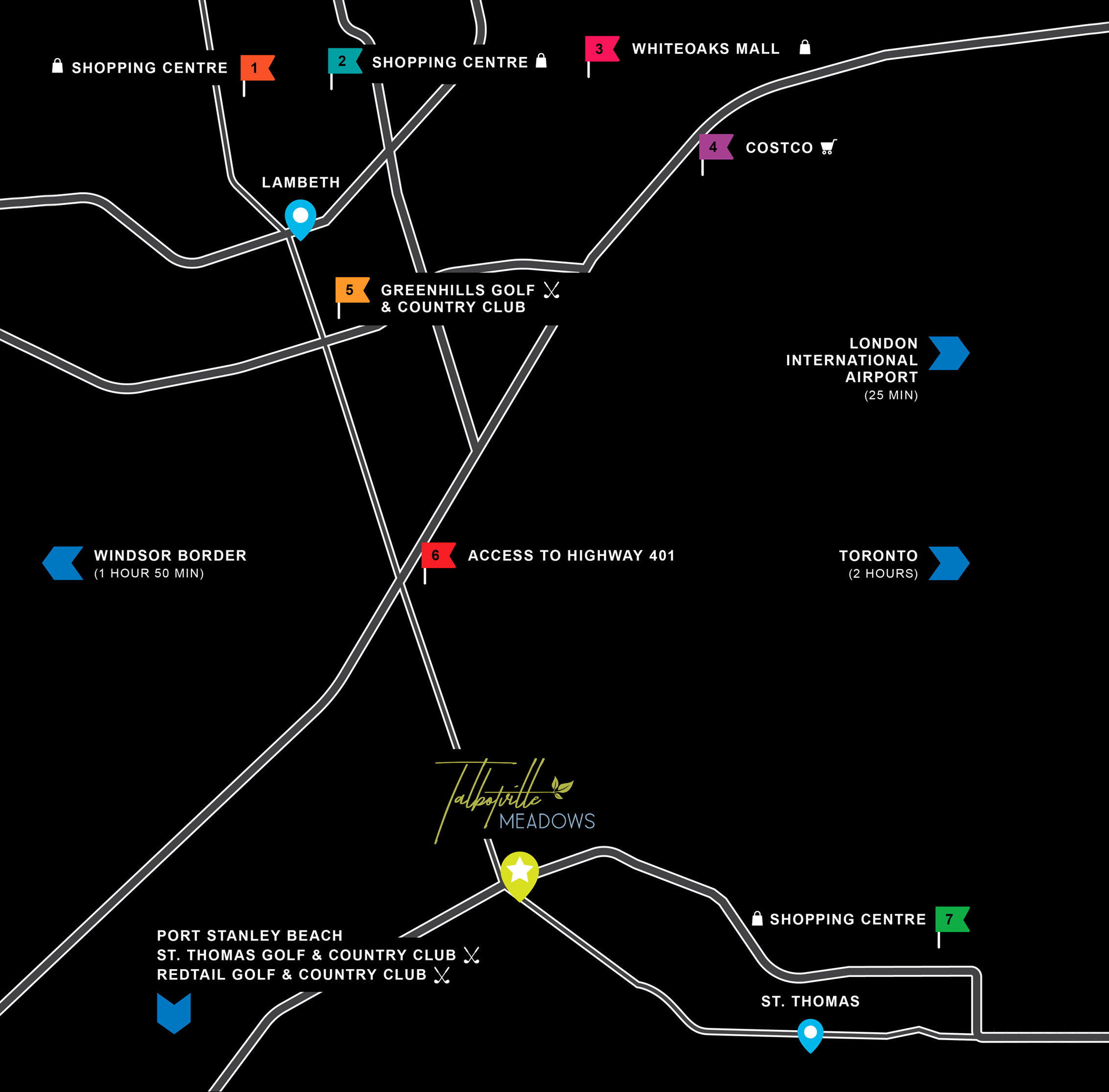 Map of amenities surrounding Talbotville Meadows community.