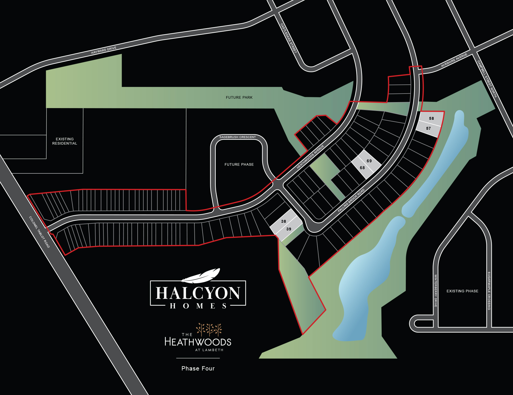 Site plan of Heathwoods at Lambeth showing Phase 4 lot locations.