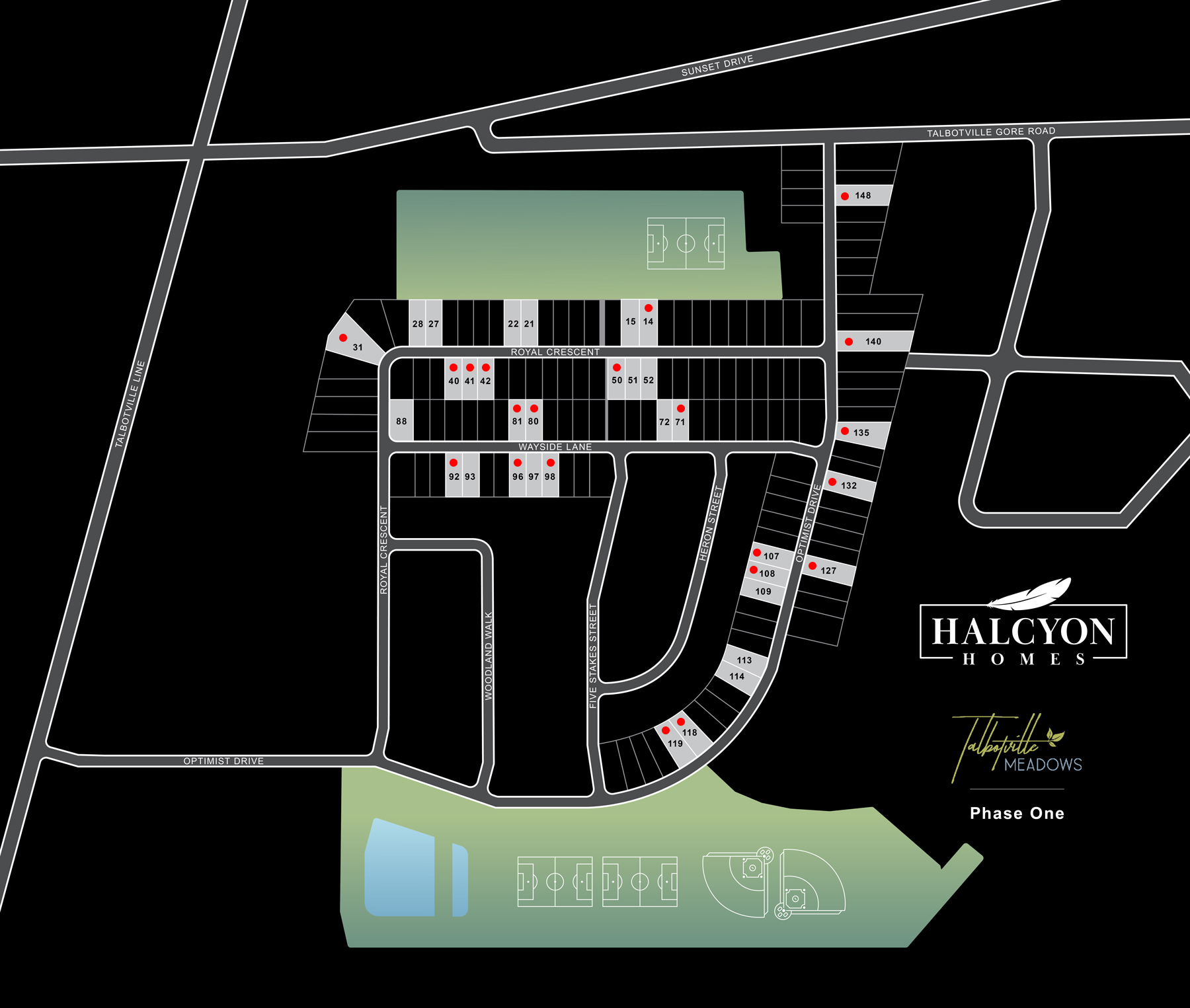 Site plan of Talbotville Meadows showing Phase 1 lot locations.